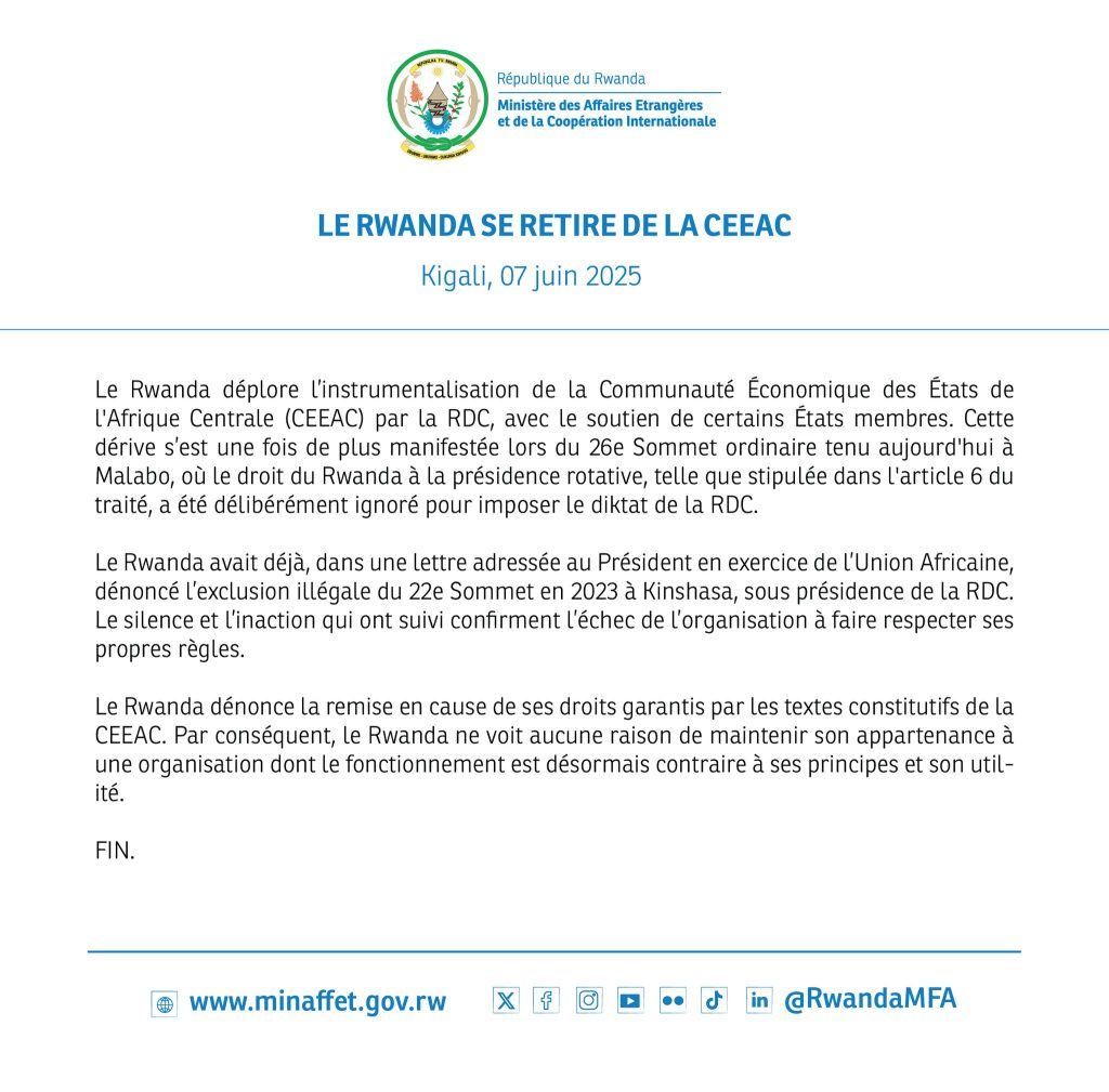 Le Rwanda conteste son exclusion de la présidence tournante de la CEEAC